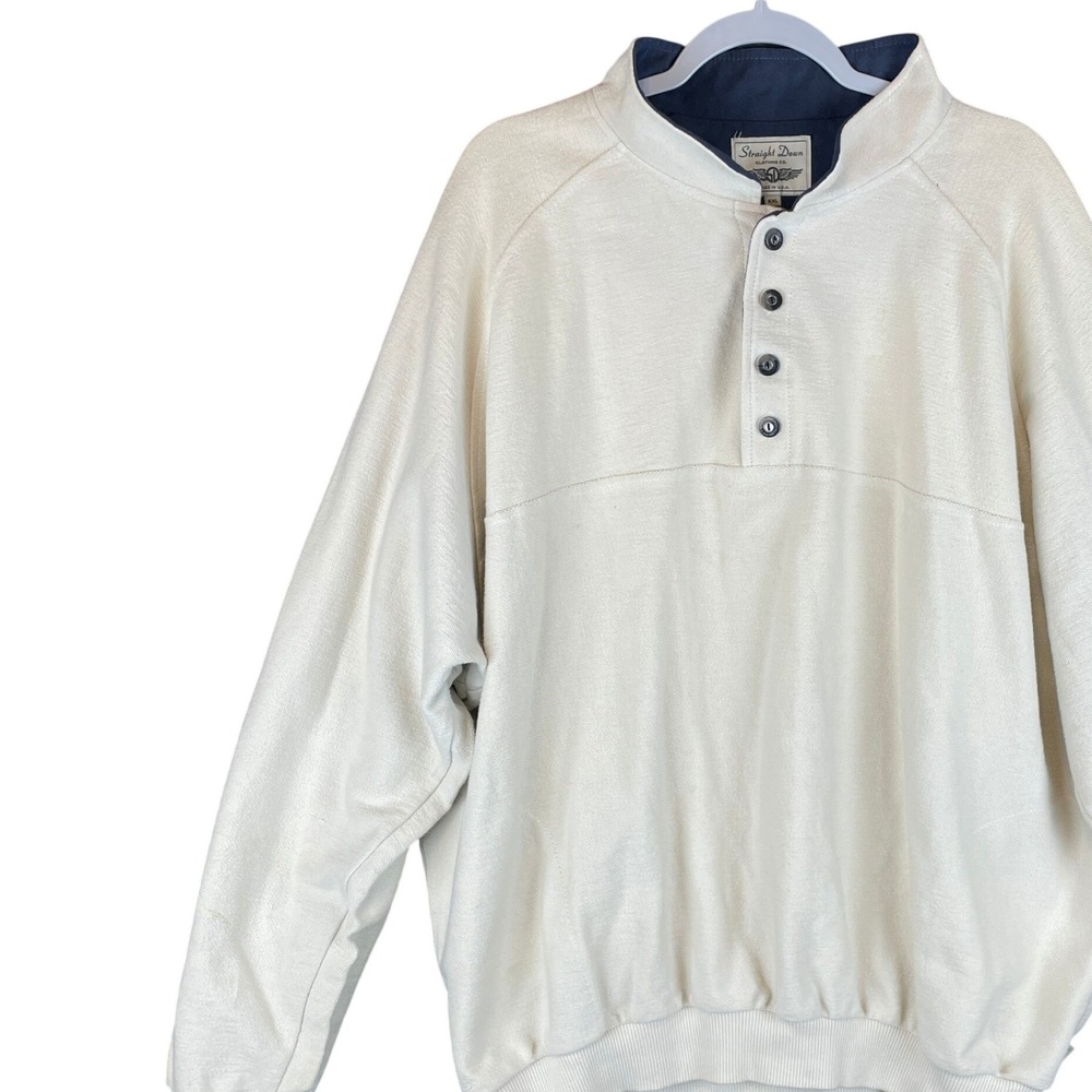 Straight Down Mens XXL Cream Cotton Textured Henley Pullover Sweatshirt USA Made